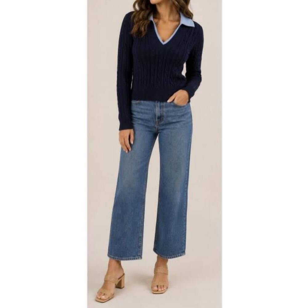 NEW PISSENLIT layered cable v-neck sweater in navy